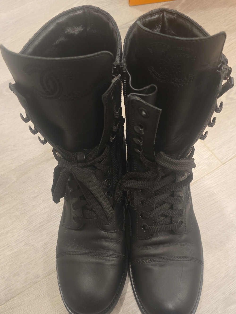 Chanel Black Leather Lace-Up Women's Combat Boots